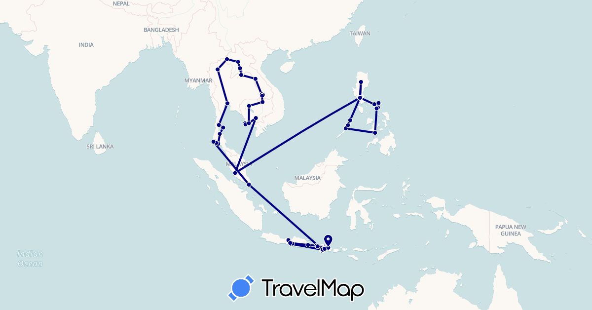 TravelMap itinerary: driving, plane in Indonesia, Cambodia, Laos, Malaysia, Philippines, Singapore, Thailand (Asia)